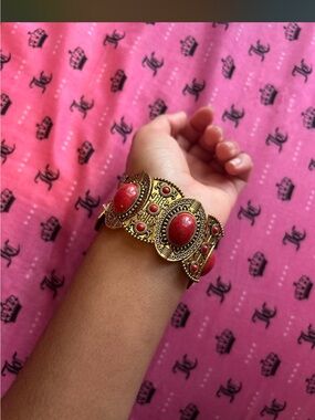 Gold-Tone Red Stone Statement Bracelet